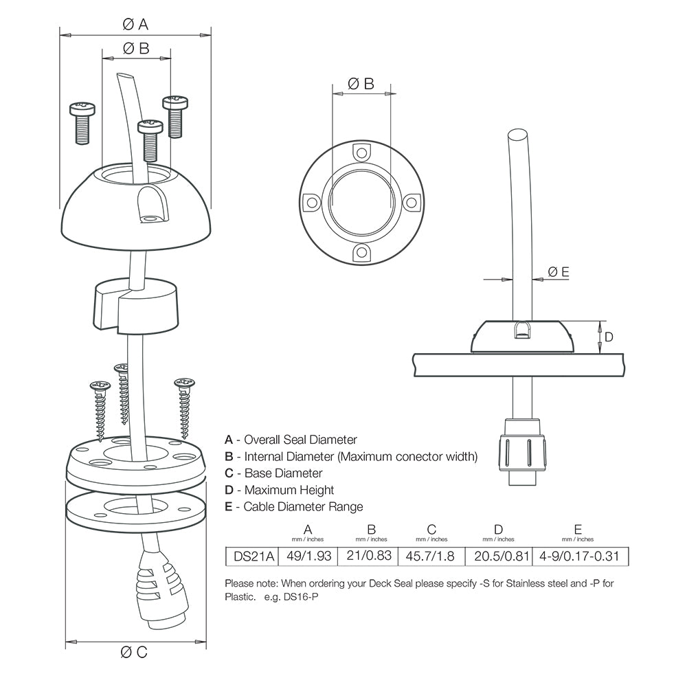 Scanstrut Ds21A-P Small Deck Seal Connector .83" Cable .35""