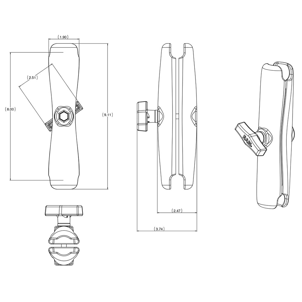 Ram Mounting Systems Ram-201U-D Mount Long Double Socket Arm 1.5" Ball Base