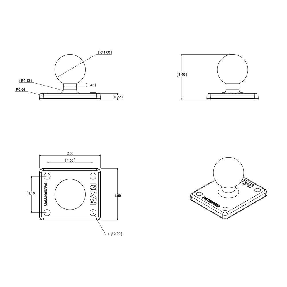 Ram Mount RAM-B-347U Square Base Mount with 1" Ball