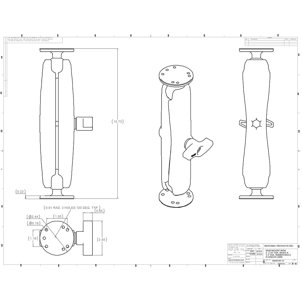 Ram Mounts RAM-101U-D Double Socket Arm Mount with 2-2.5" Bases