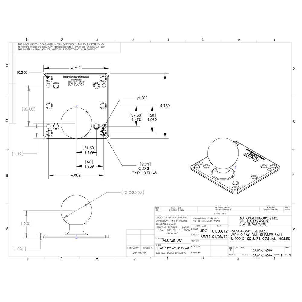 Ram Mounts RAM-D-246U VESA Mount 4.75" Square Plate 2.25" Ball