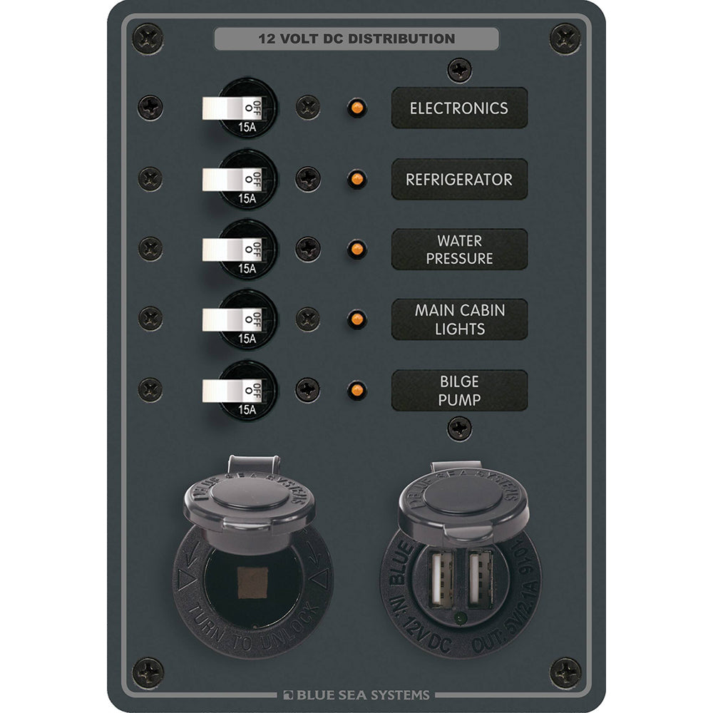 Blue Sea Systems 8120 Breaker Panel 5 Position Dc Socket And Dual Usb Image 1