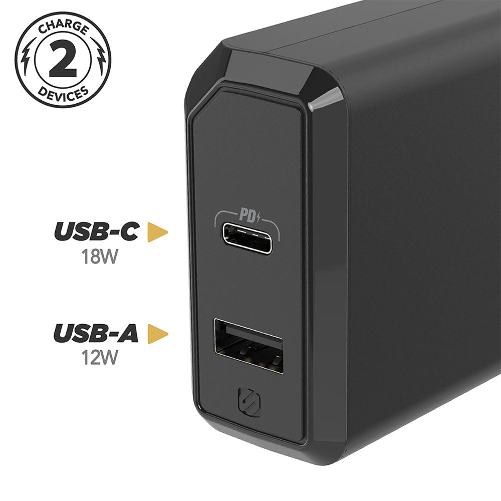 Scosche HPDA2C8SP Dual USB-C/A Wall Charger - Fast Charging, Power Delivery 3.0