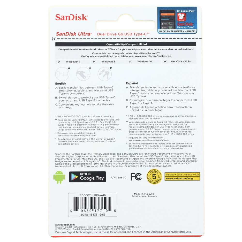 SANDISK RETAIL STORAGE MEDIA SDDDC3-128G-A46 Plastic Dual Flash Drive Type C