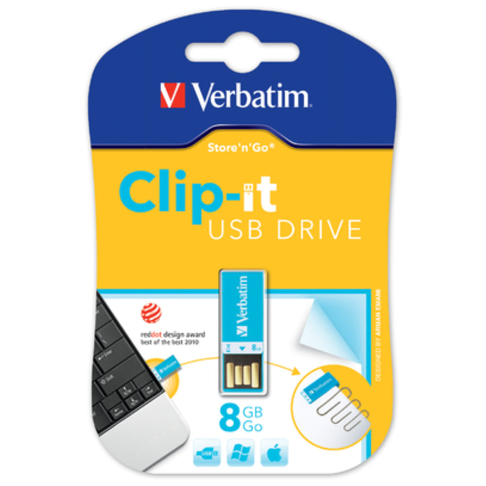 Verbatim 43934 Clip-It 8GB USB Flash Drive Blue Clip Design