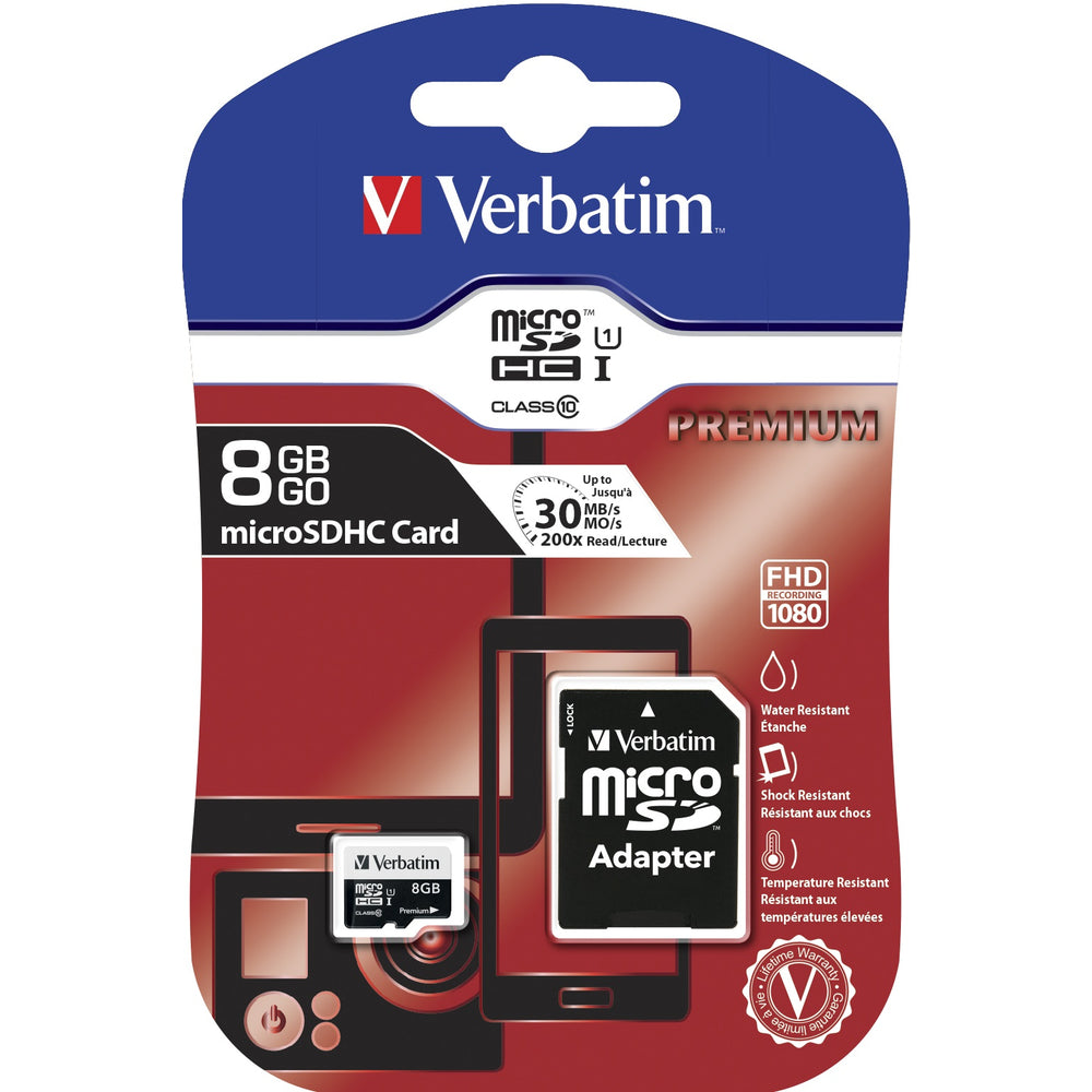 Verbatim 44081 8GB Premium microSDHC Memory Card Adapter UHS-I V10