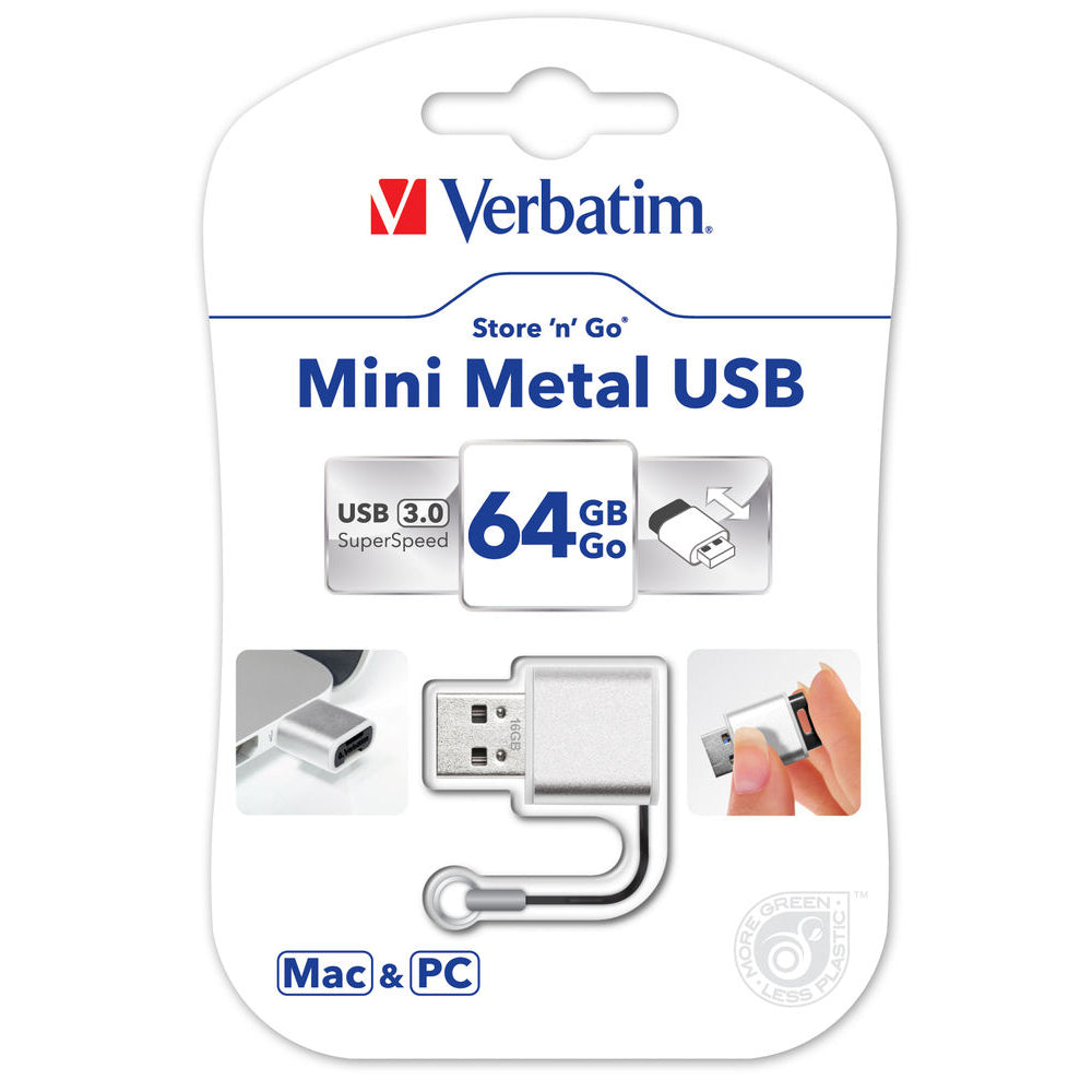 Verbatim 49841 Store 'N' Go Mini Metal Usb Flash Drive 64Gb 3.0 Brushed Silver