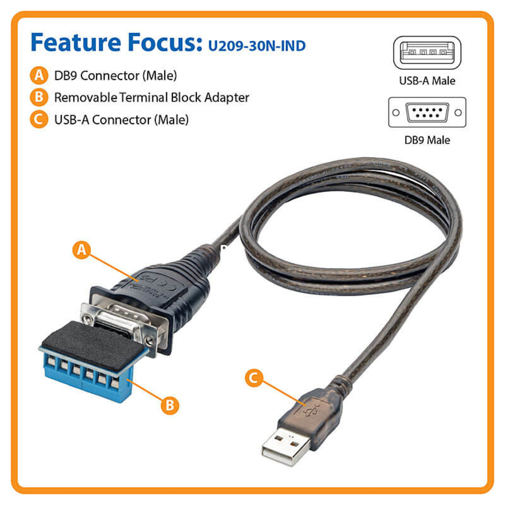 Tripp Lite U209-30N-Ind Rs422 Rs485 Usb Serial Cable Adapter Com Retention Ftdi