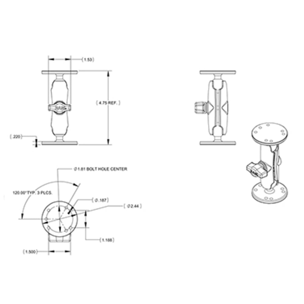 Ram Mounts RAM-B-101-G4 1" Ball Mount for Garmin Echo - Black