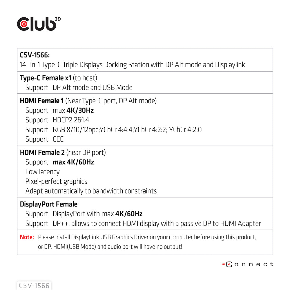 Club 3D Csv-1566 Triple Display 120W Usbc/A Dock 2X Usb-C 4X Usb-A Smart Chrg