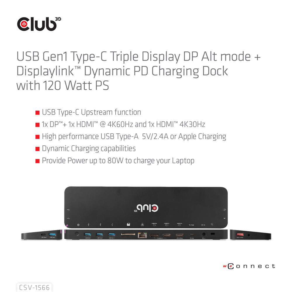 Club 3D Csv-1566 Triple Display 120W Usbc/A Dock 2X Usb-C 4X Usb-A Smart Chrg