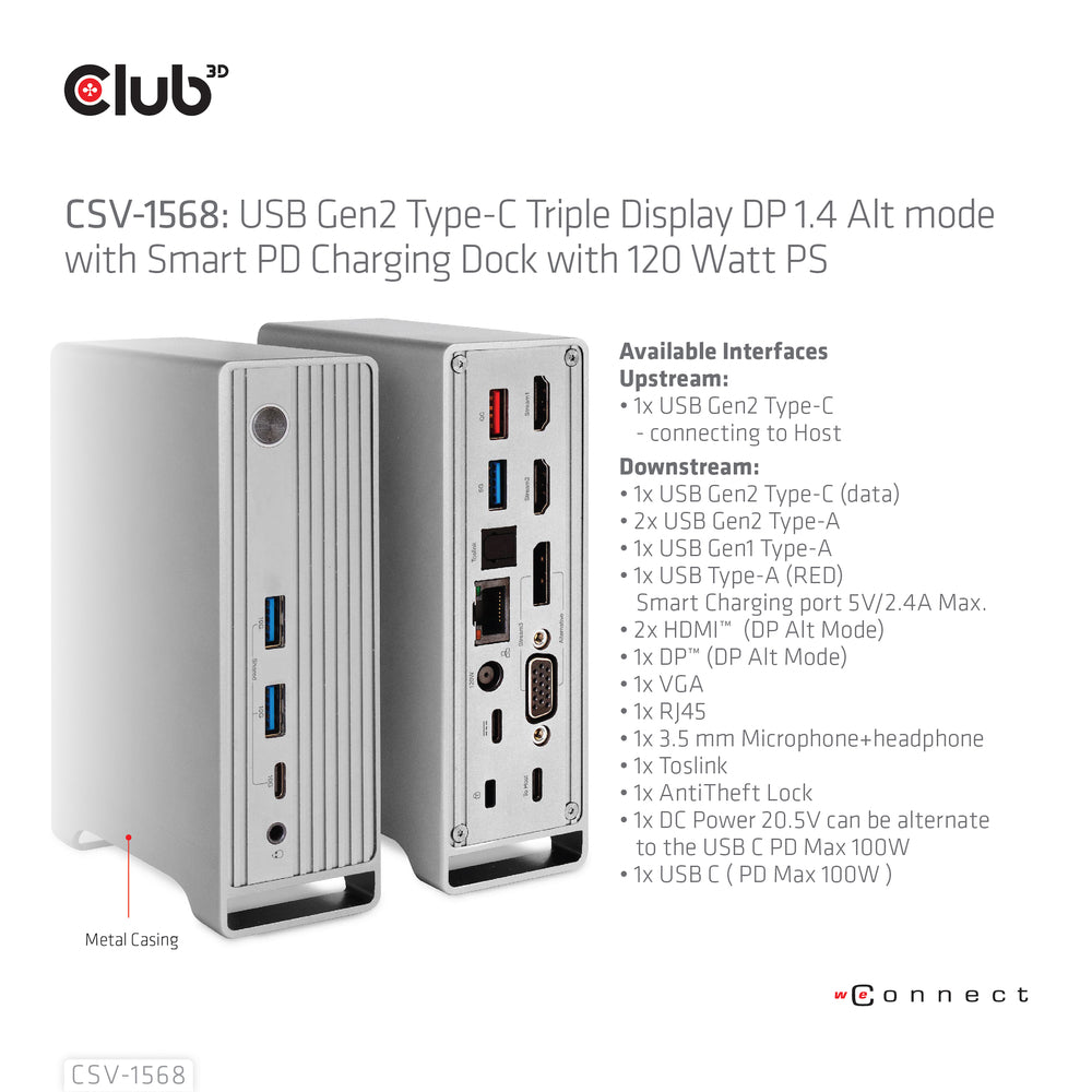 Club 3D Csv-1568 Triple Display 120W Dc/Pd Dock 2X Usb-C/A 10G 1X Usb-A Smart