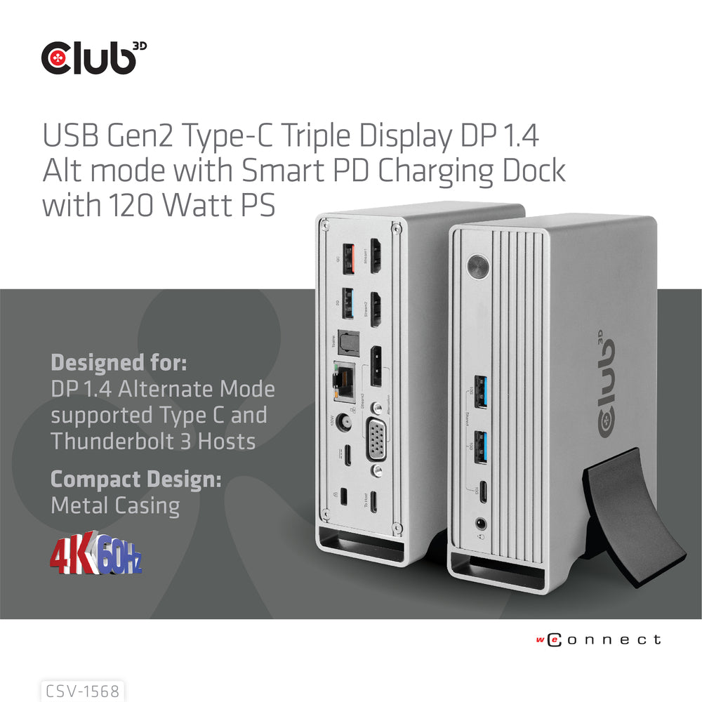 Club 3D Csv-1568 Triple Display 120W Dc/Pd Dock 2X Usb-C/A 10G 1X Usb-A Smart