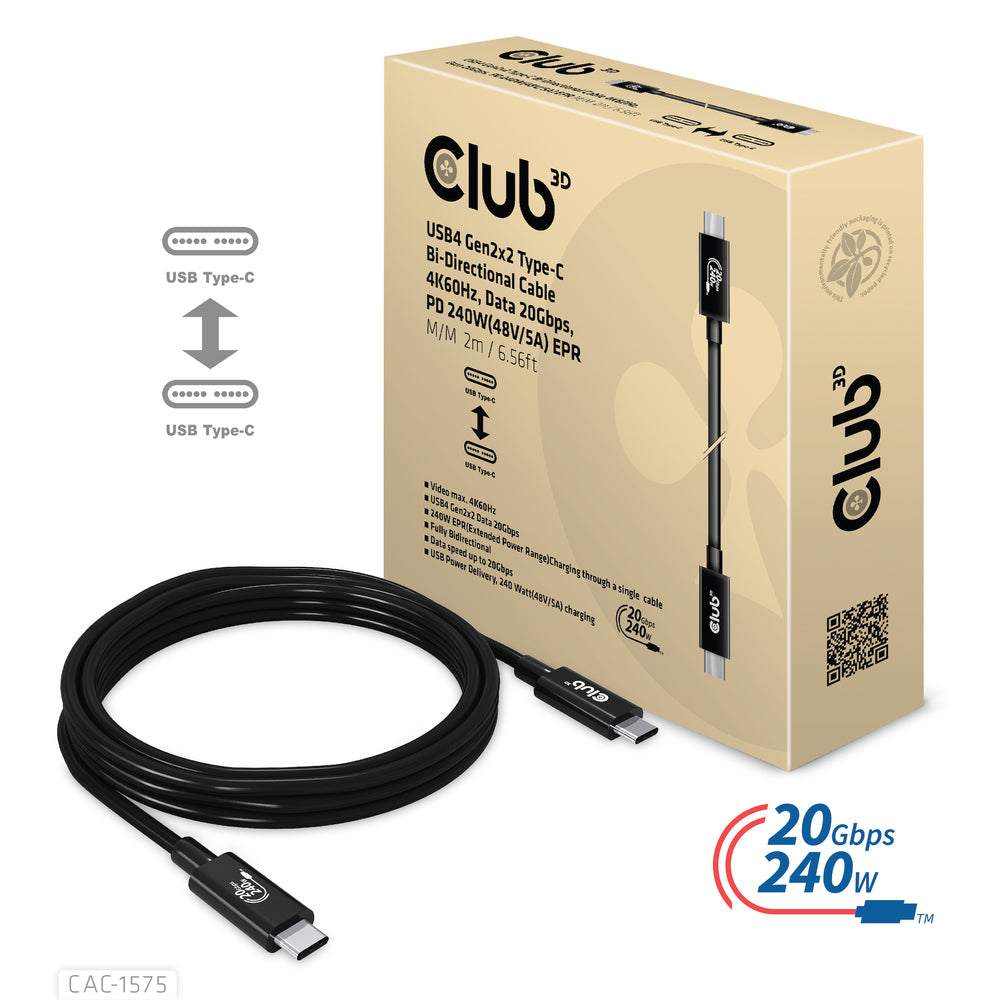 Club 3D CAC-1575 USB4 Gen2x2 Type-C 240W 20Gbps 2M Bi-Directional Cable