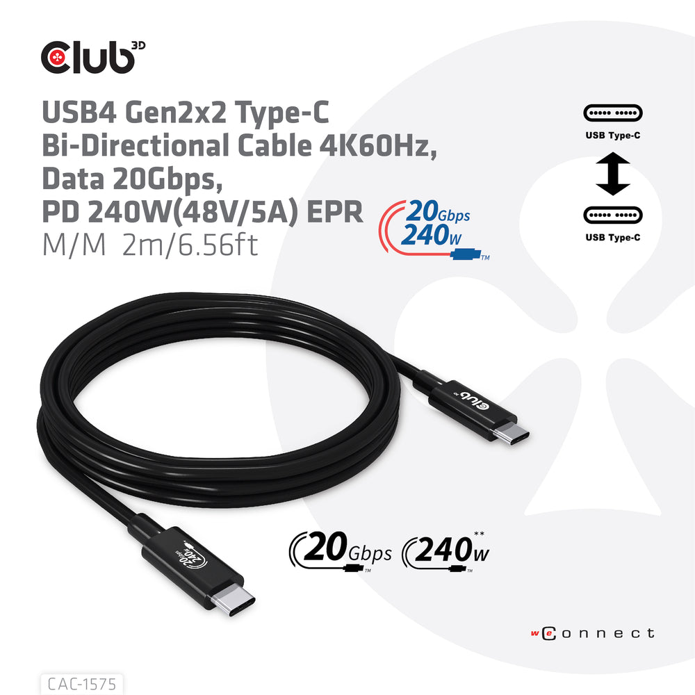 Club 3D CAC-1575 USB4 Gen2x2 Type-C 240W 20Gbps 2M Bi-Directional Cable