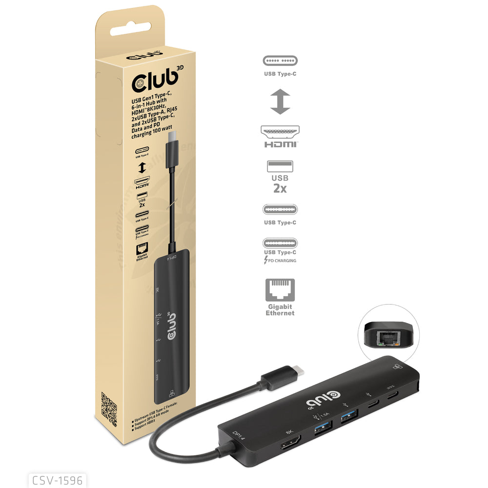 Club 3D Csv-1596 USB-C 6-in-1 Hub HDMI 8K30Hz 4K120Hz RJ45 100W