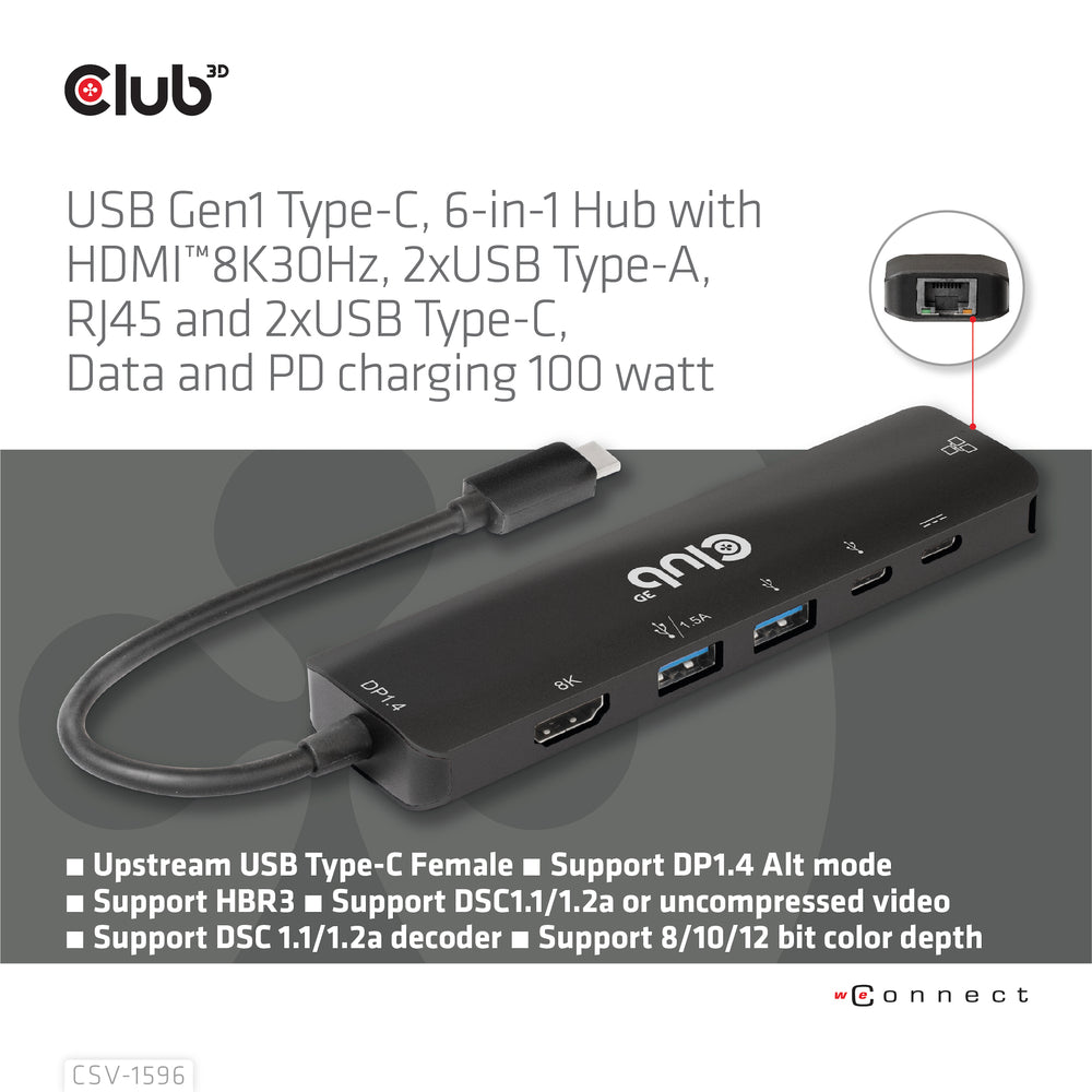 Club 3D Csv-1596 USB-C 6-in-1 Hub HDMI 8K30Hz 4K120Hz RJ45 100W