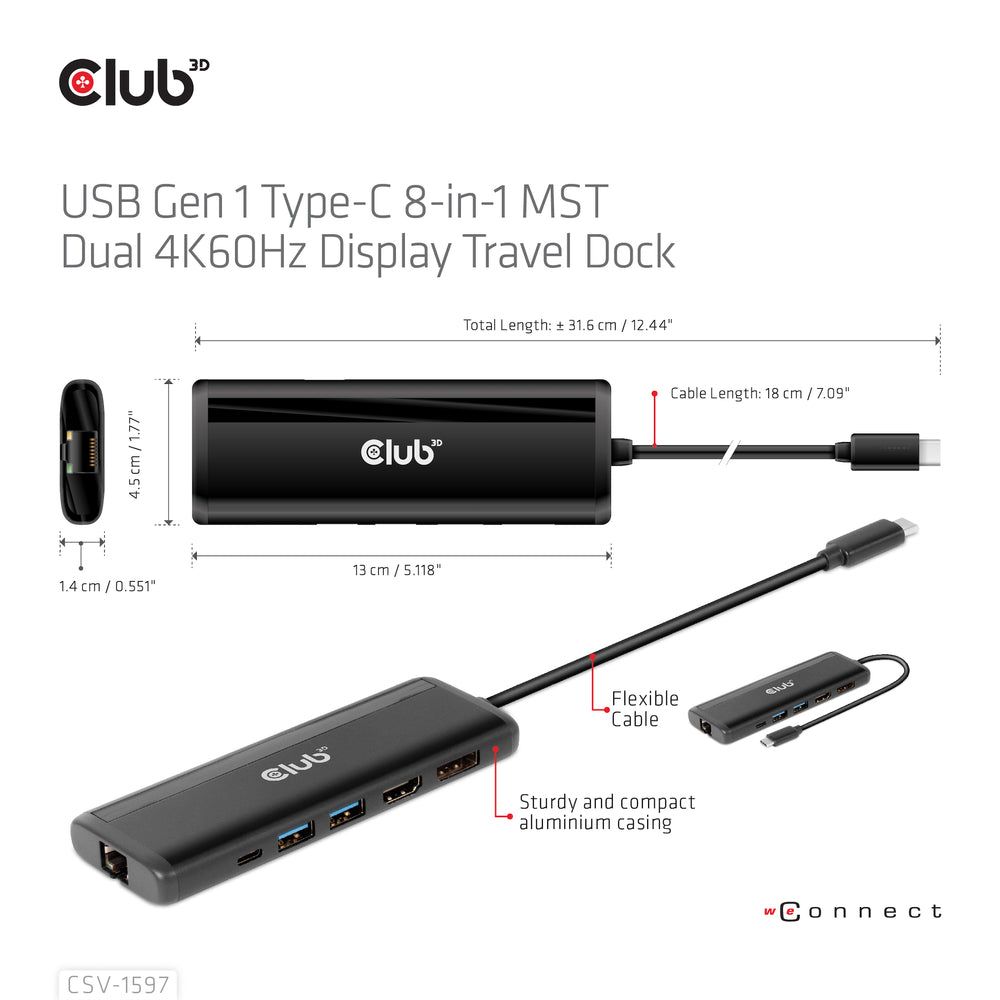 Club 3D Csv-1597 Usbc 8 In1 Mst Dual 4K60Hz Dock Hdmi+Dp+2Usb-A+Rj45+Pd3.0+Sd