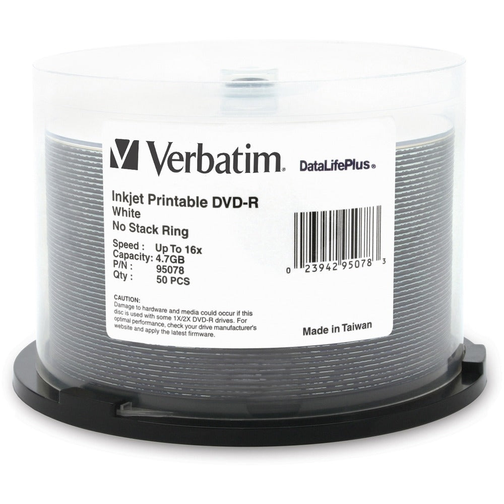 Verbatim Corporation 95078 50Pk Dvd-R 16X 4.7Gb White Inkjet Print Datalifeplus Image 1