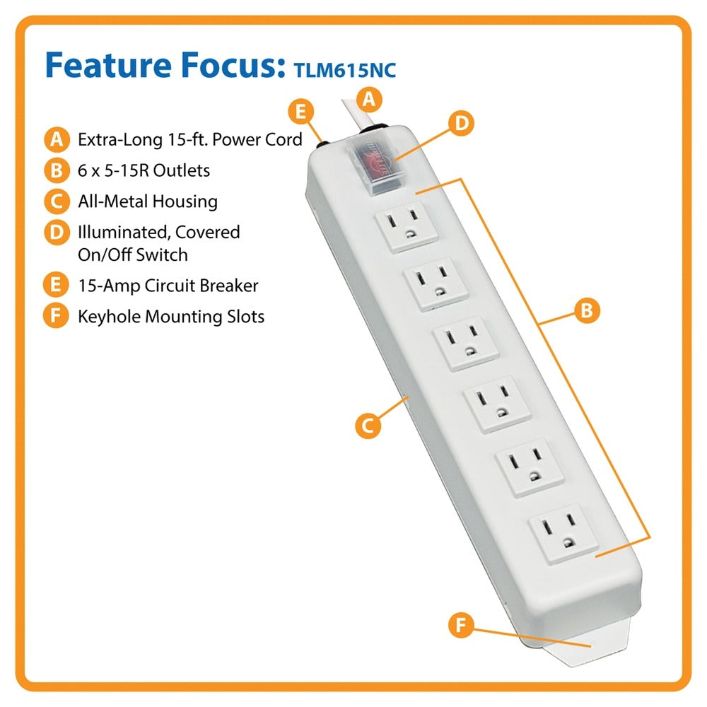 Tripp Lite TLM615NC Power Strip 6 Outlet 15 Ft Cord NEMA 5-15P 5-15R White