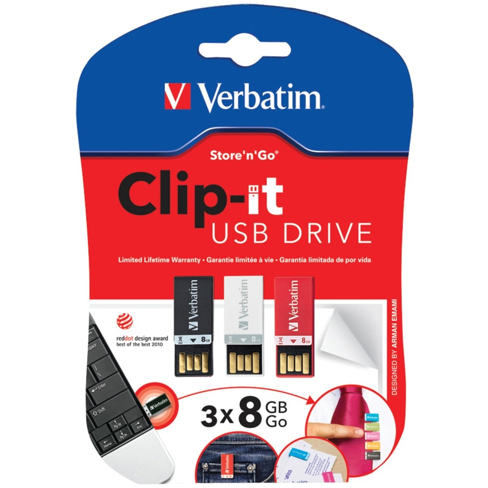 Verbatim Corporation 98674 3Pk 8Gb Clip-It Usb Flash Drive 2.0 Black White Red