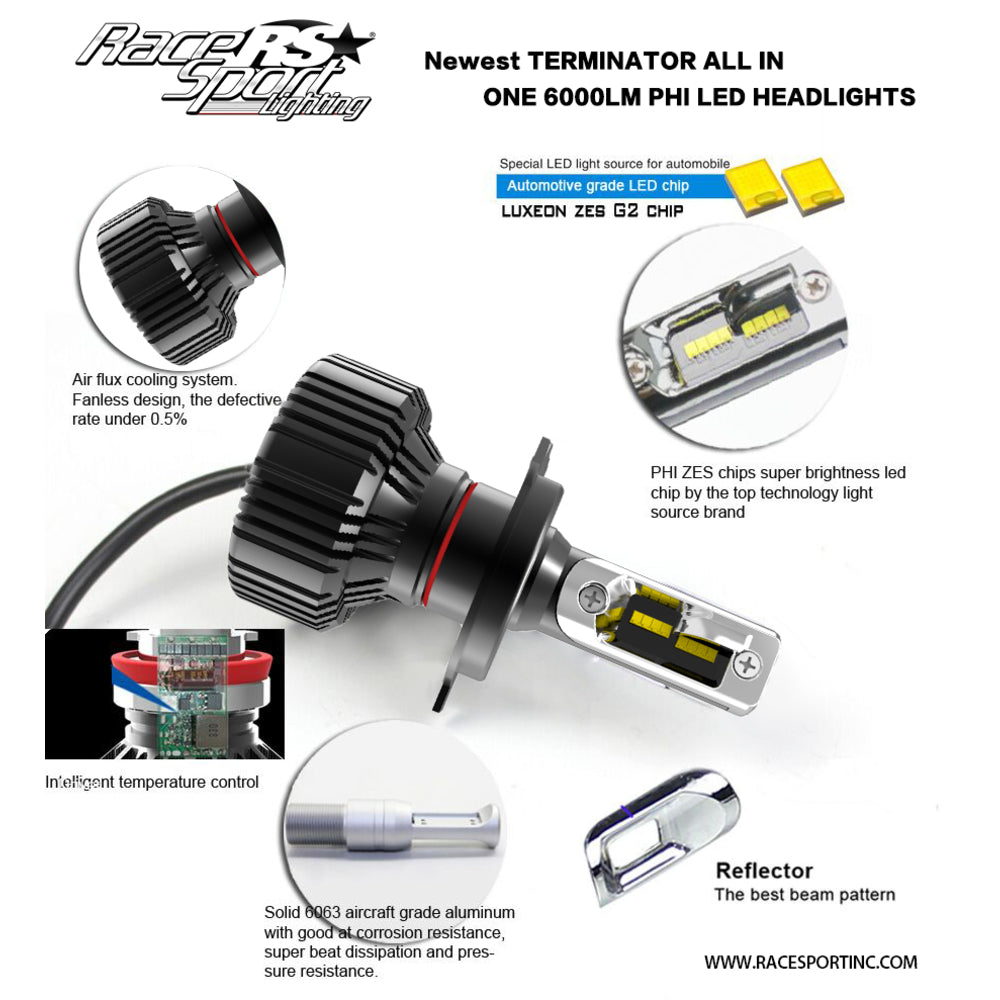 Racesport H13Tled Terminatorseries H13 Fanlessled Headlight Kit Pinpoint