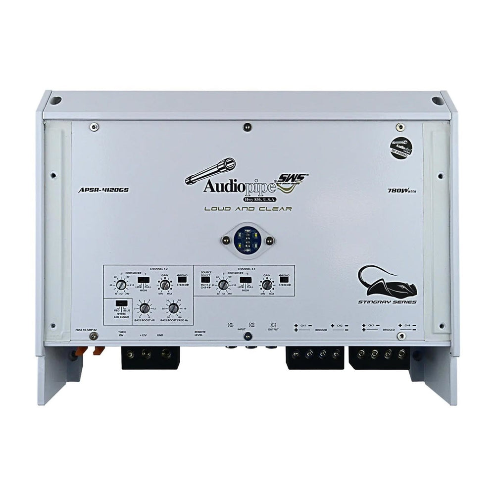 Audiopipe APSR-4120GS Marine Amplifier 780W 4-Ch Class D with Remote Bass Knob